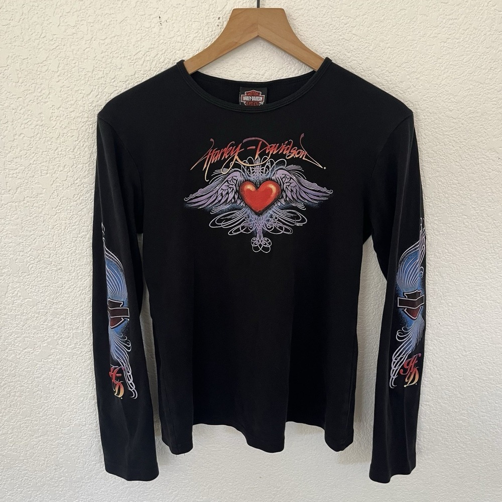 Vintage Women's Harley Davidson Heart Wings Grunge Long Sleeve Shirt Large Y2K
